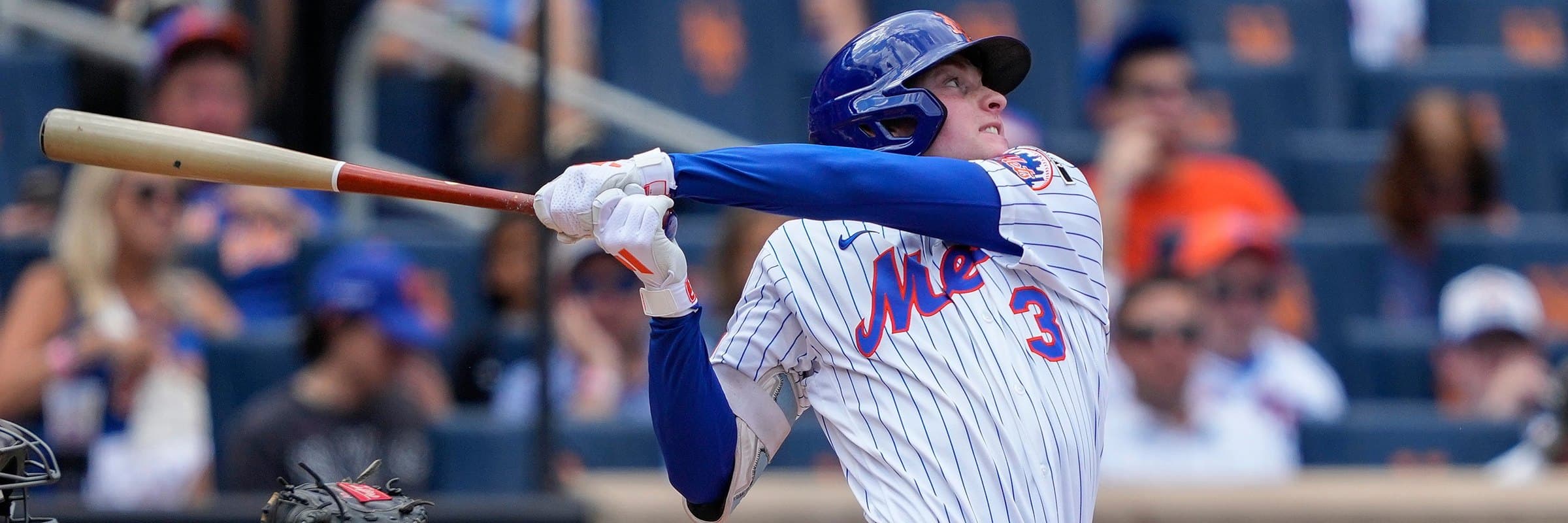 Carson Benge batting in a New York Mets home uniform at Citi Field