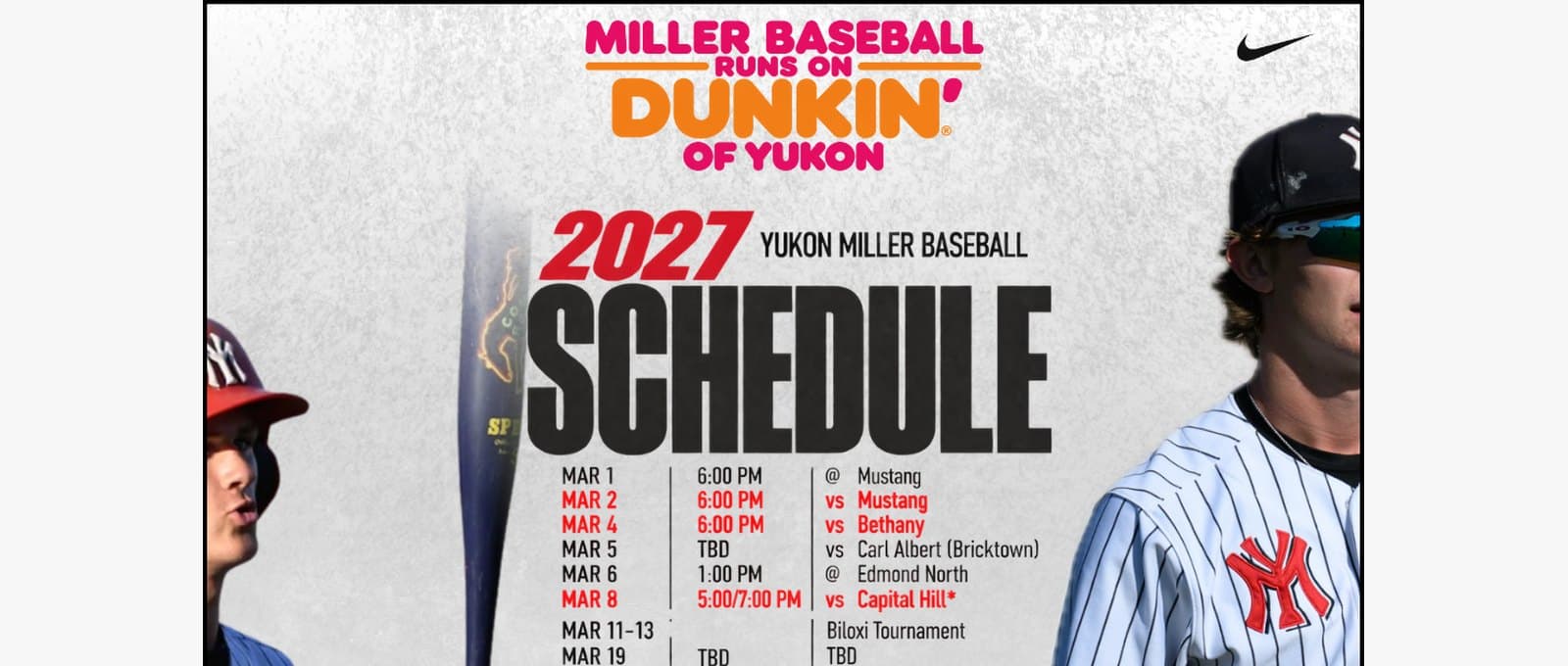 2027 Yukon Miller Baseball schedule graphic presented by Dunkin' of Yukon